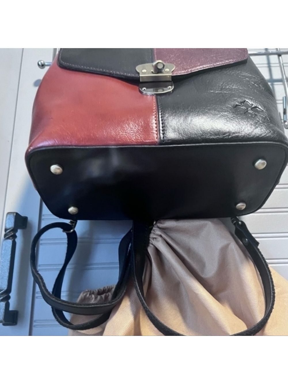 Patricia Nash Sinclair Leather Convertible Backpack-Colorblock Black/Tan- EUC - Picture 6 of 13